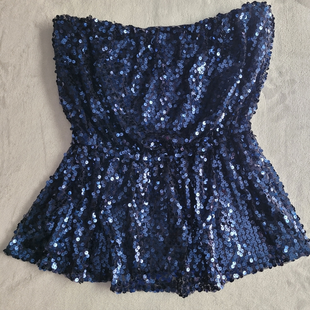 BOSTON PROPER NAVY SEQUIN TUBE TOP